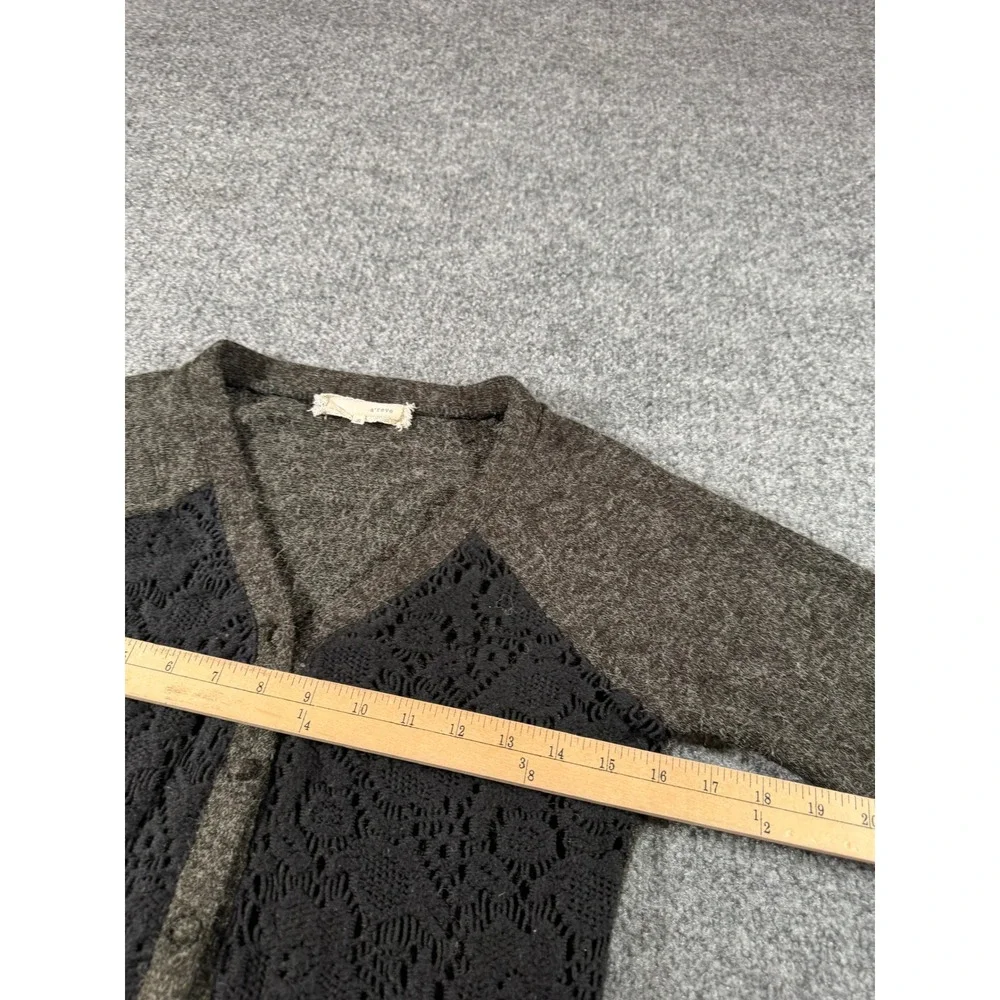 A'Reve‎ Womens Charcoal Grey Knit Cardigan Black Floral Lace Overlay V-Neck SZ S